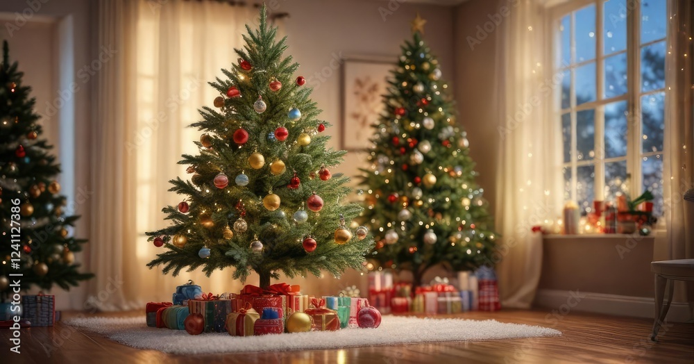 Lush Christmas tree adorned with sparkling lights and delicate ornaments amidst a backdrop of shimmering colors and frosted glass ornaments, sparkling lights, soft sparkle Lush Christmas tree adorned with sparkling lights and delicate ornaments amidst a backdrop of shimmering colors and frosted glass ornaments, sparkling lights, soft sparkle