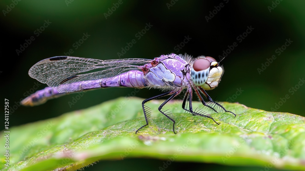 Fototapeta premium Purple dragonfly on leaf, garden background, nature macro