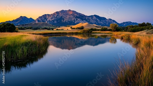 Majestic mountain range reflected perfectly in a tranquil lake at sunrise bathed in golden hues with a clear sky adding depth to the serene and captivating landscape