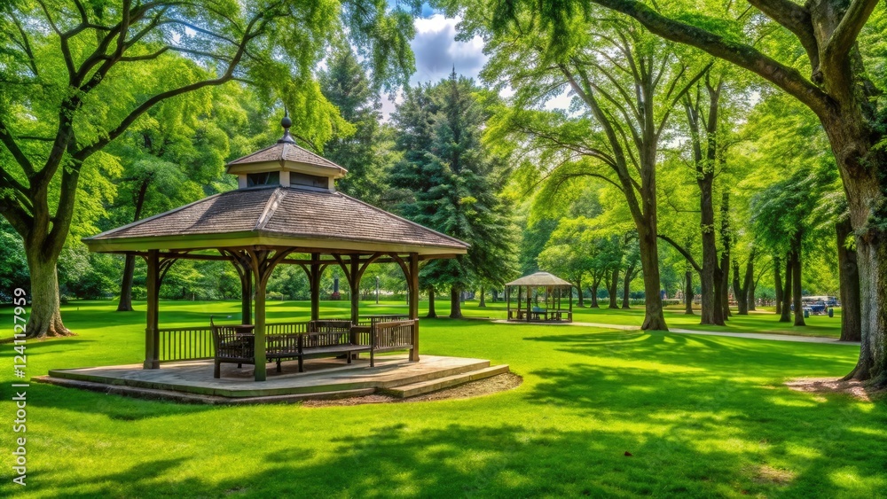 Lush green grass under a gazebo surrounded by wooden benches and tall trees, with a few patrons sitting or strolling in the background, nature, tranquility, foliage, rustic decor, pergola Lush green grass under a gazebo surrounded by wooden benches and tall trees, with a few patrons sitting or strolling in the background, nature, tranquility, foliage, rustic decor, pergola