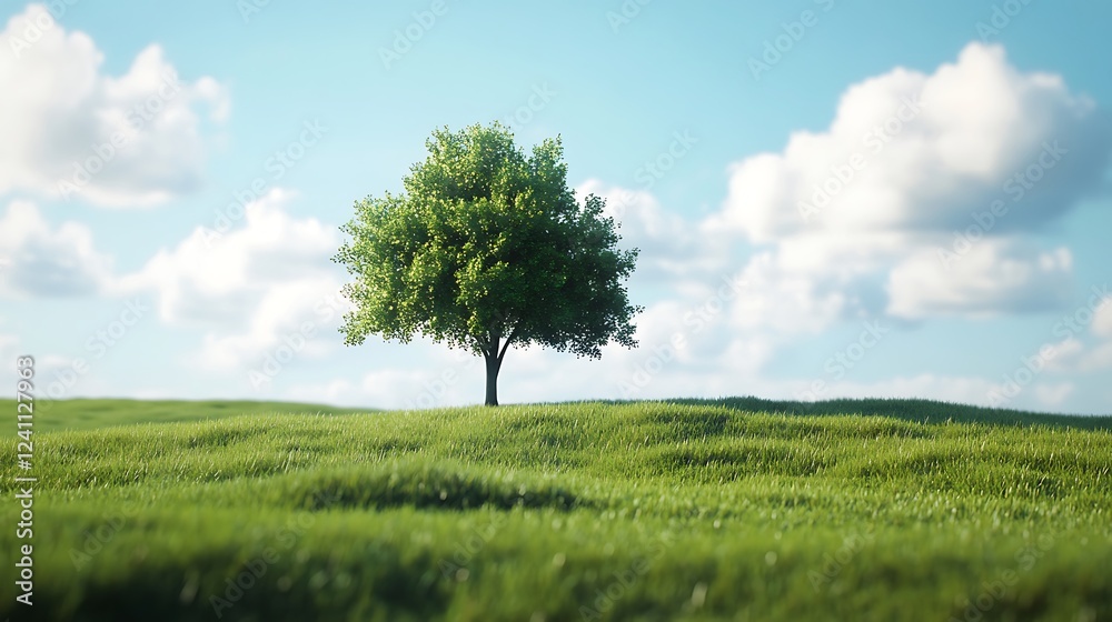 Cloudless Sky Over Green Field and Solitary Tree Cloudless Sky Over Green Field and Solitary Tree