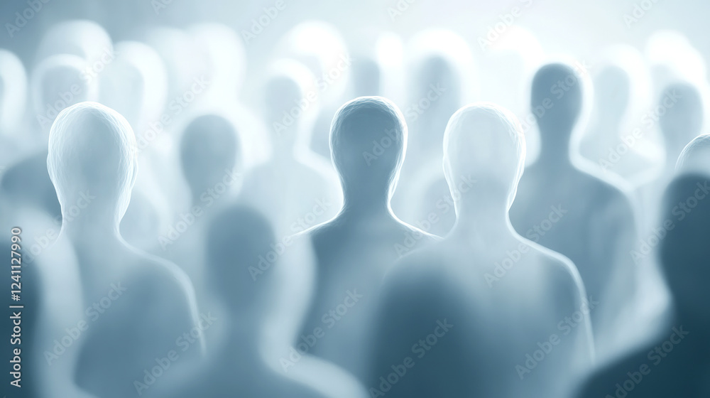 Surreal digital of abstract human figures with blurred foggy atmosphere in mysterious crowd Surreal digital of abstract human figures with blurred foggy atmosphere in mysterious crowd