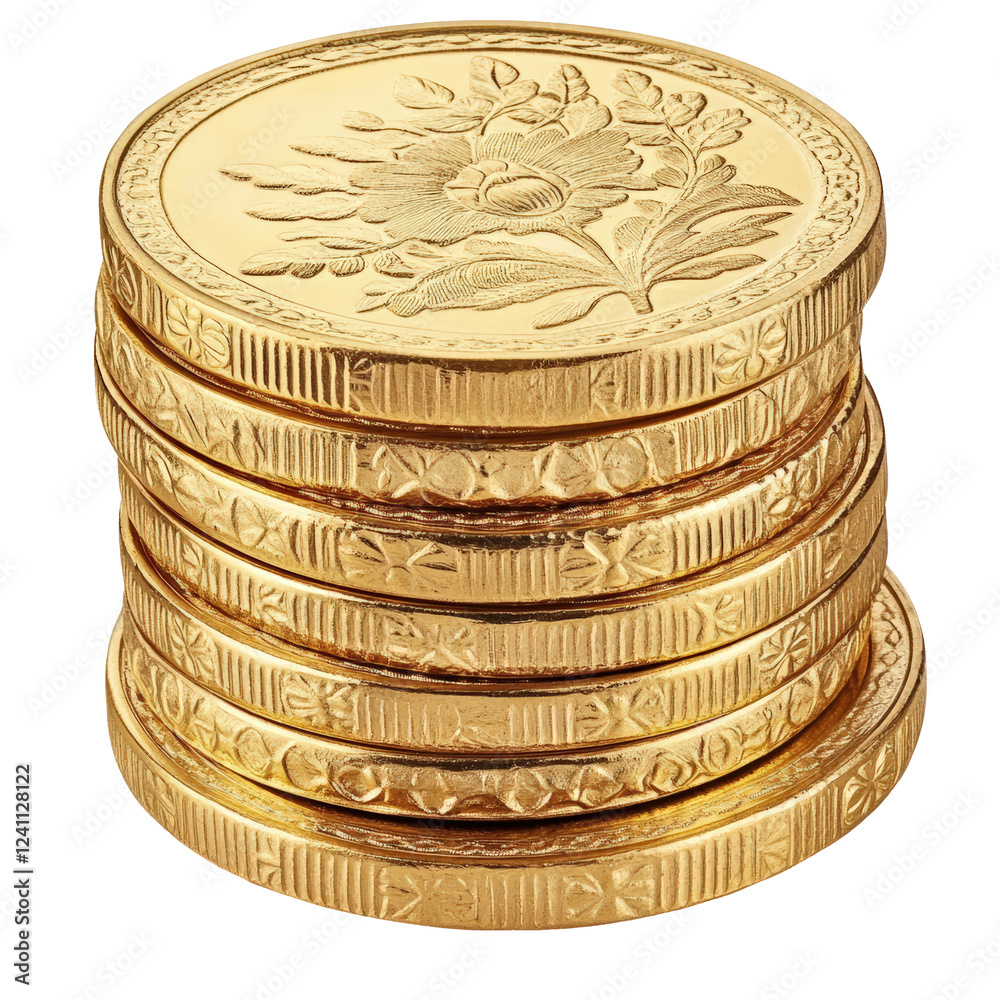 Isolated Stack of Gold Coins with Flower Embossed Design Isolated Stack of Gold Coins with Flower Embossed Design