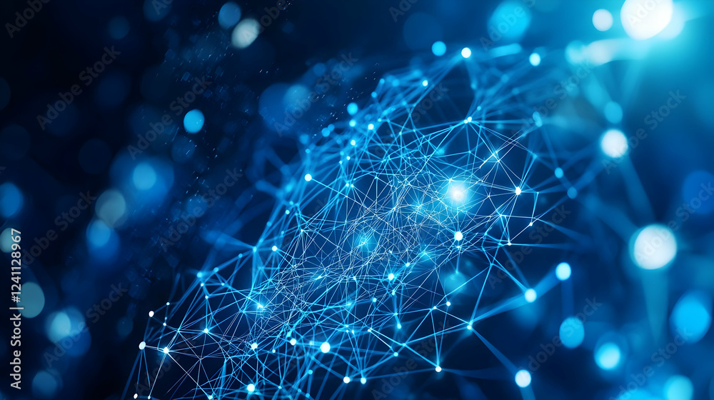 Abstract digital network with glowing connections and blue bokeh effects Abstract digital network with glowing connections and blue bokeh effects