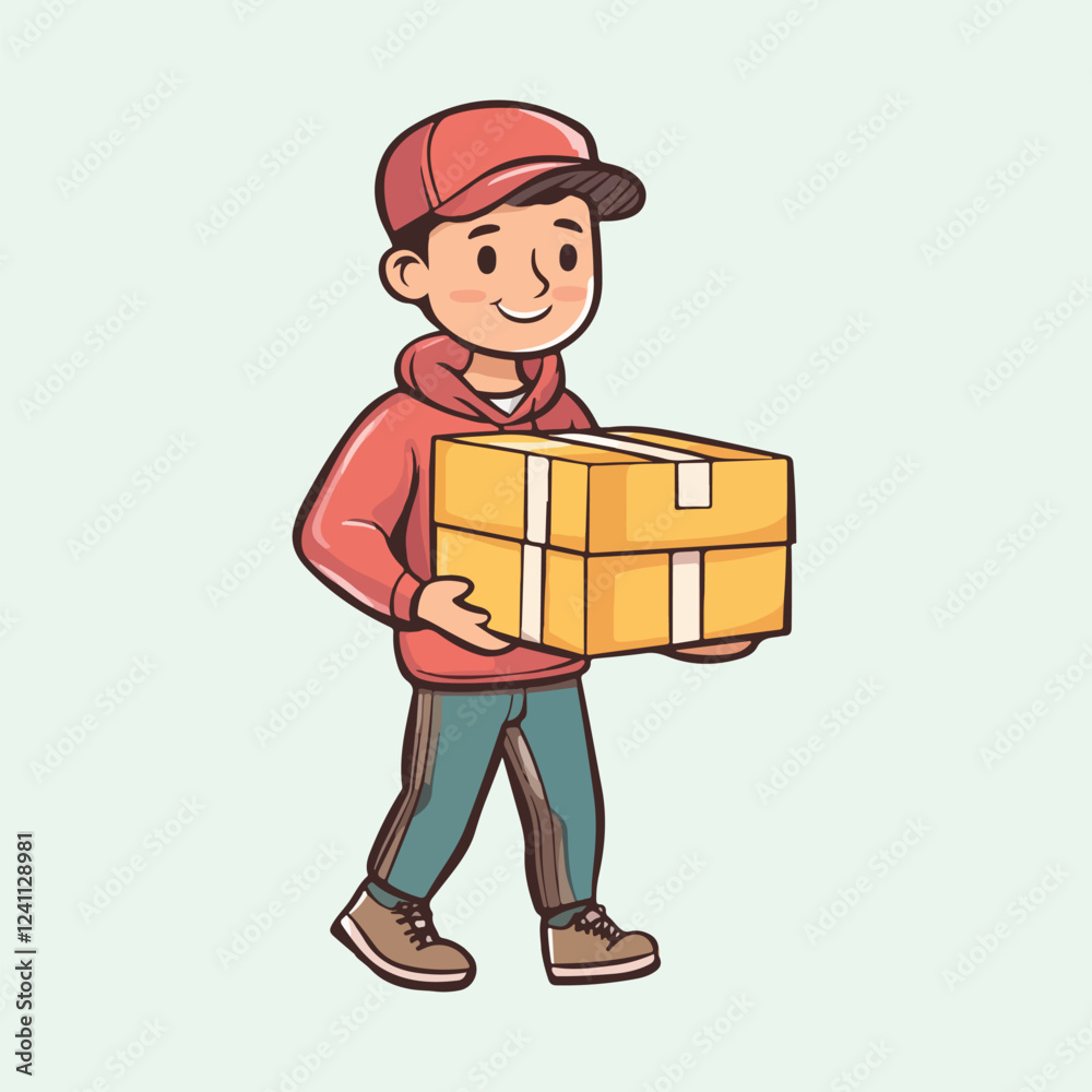 A cartoon of a boy carrying a box with the word vector illustration A cartoon of a boy carrying a box with the word vector illustration