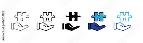 hand holding puzzle piece icon vector business problem solving with jigsaw part creative solution symbol illustration outline simple design, vector stock. illustration