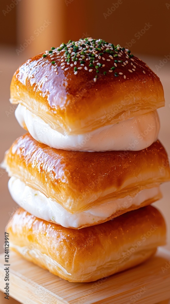 A close-up of stacked fluffy pastries filled with cream and topped with sprinkles. A close-up of stacked fluffy pastries filled with cream and topped with sprinkles.