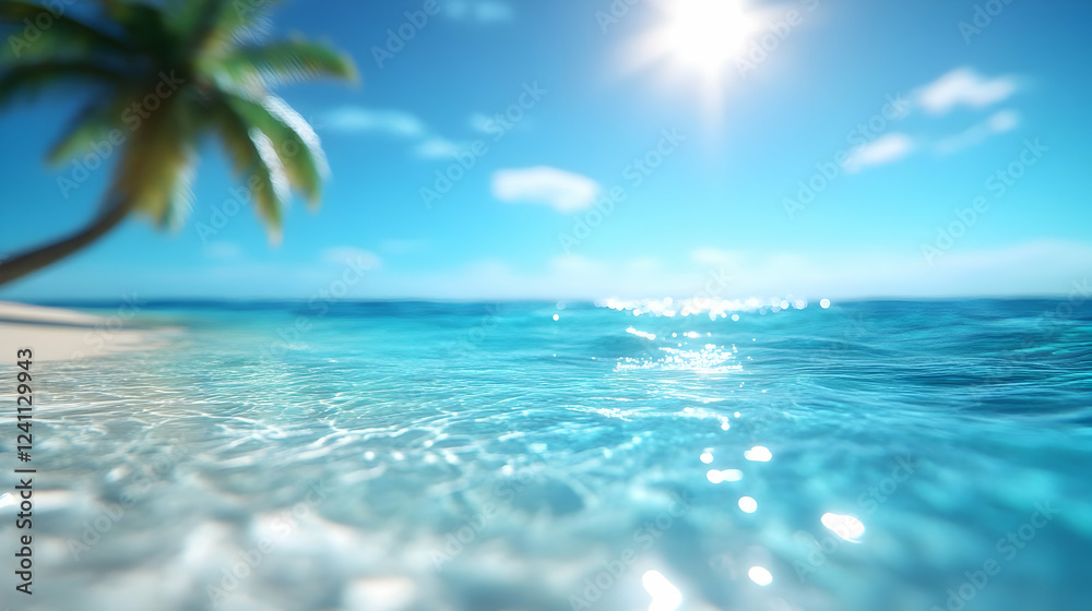 Fototapeta premium A stunning tropical beach with clear blue water and a bright sun shining overhead, perfect for relaxation and escape.