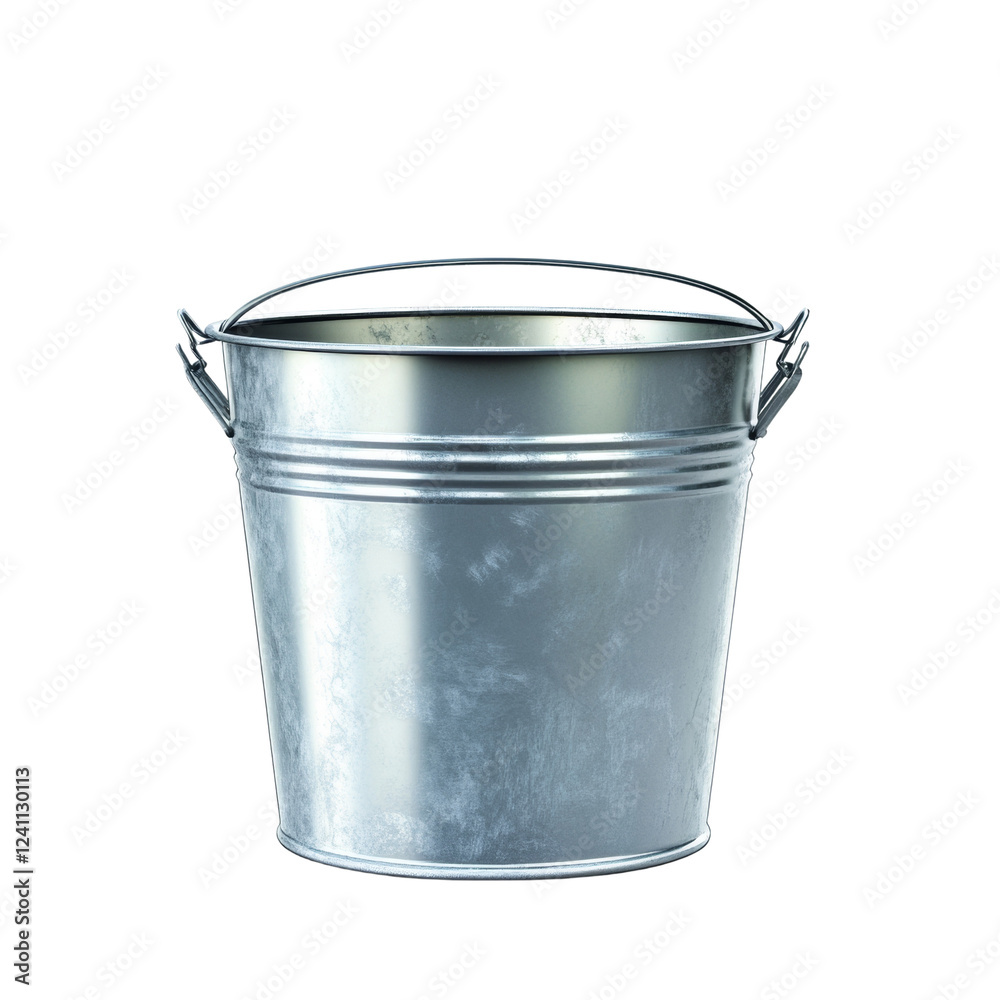 The image shows a small empty galvanized metal bucket with a wire handle against a black background. The image shows a small empty galvanized metal bucket with a wire handle against a black background.