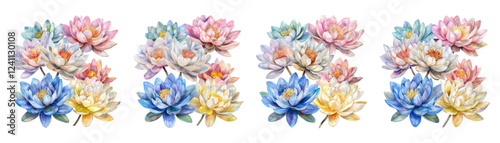 Watercolor set of water lilies png. Multicolored watercolor water lilies on an isolated background. Aquatic botany watercolor. Vector illustration.