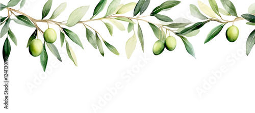 Watercolor holly branch with berries and leaves png. Olive tree branch with green olives and leaves. Template for banner and others. Hand drawn illustration of an olive tree.