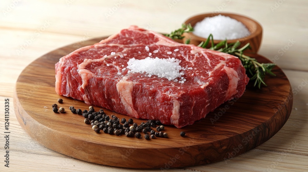 A close-up of a seasoned bistecca on a wooden platter, garnished with sea salt and black pepper, emphasizing the simplicity and quality of the ingredients.
