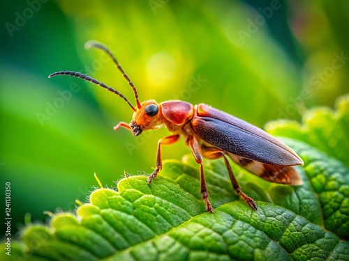 Macro Photography of Soldier Beetles (Cantharis) on Green Leaves with Shallow Depth of Field