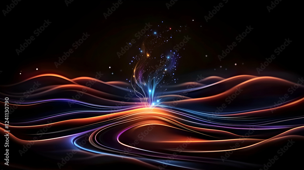 Fototapeta premium Glowing energy plant bursts in dark wavy landscape; abstract background for science or fantasy
