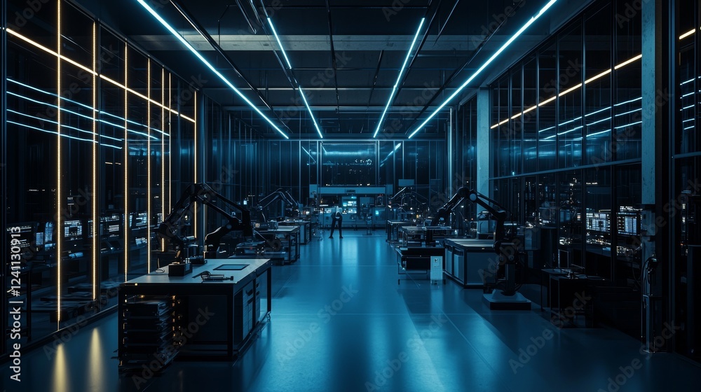 Fototapeta premium A modern factory interior, illuminated by robotic arms assembling electronics, sleek metallic walls, automated conveyor belts, glowing LED strips