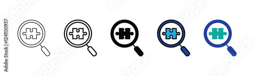 set Magnifier search for a jigsaw puzzle piece to successfully connect match icon vector business strategy problem solving symbol illustration for web and app. vector stock