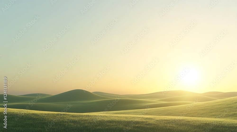 Warm Sunrise Glow Over Rolling Hills and Green Fields Warm Sunrise Glow Over Rolling Hills and Green Fields