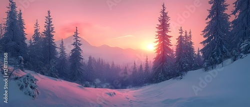 A stunning winter sunset in a snowy forest, showcasing tall evergreen trees silhouetted against a pastel pink and orange sky, creating a serene and tranquil atmosphere.