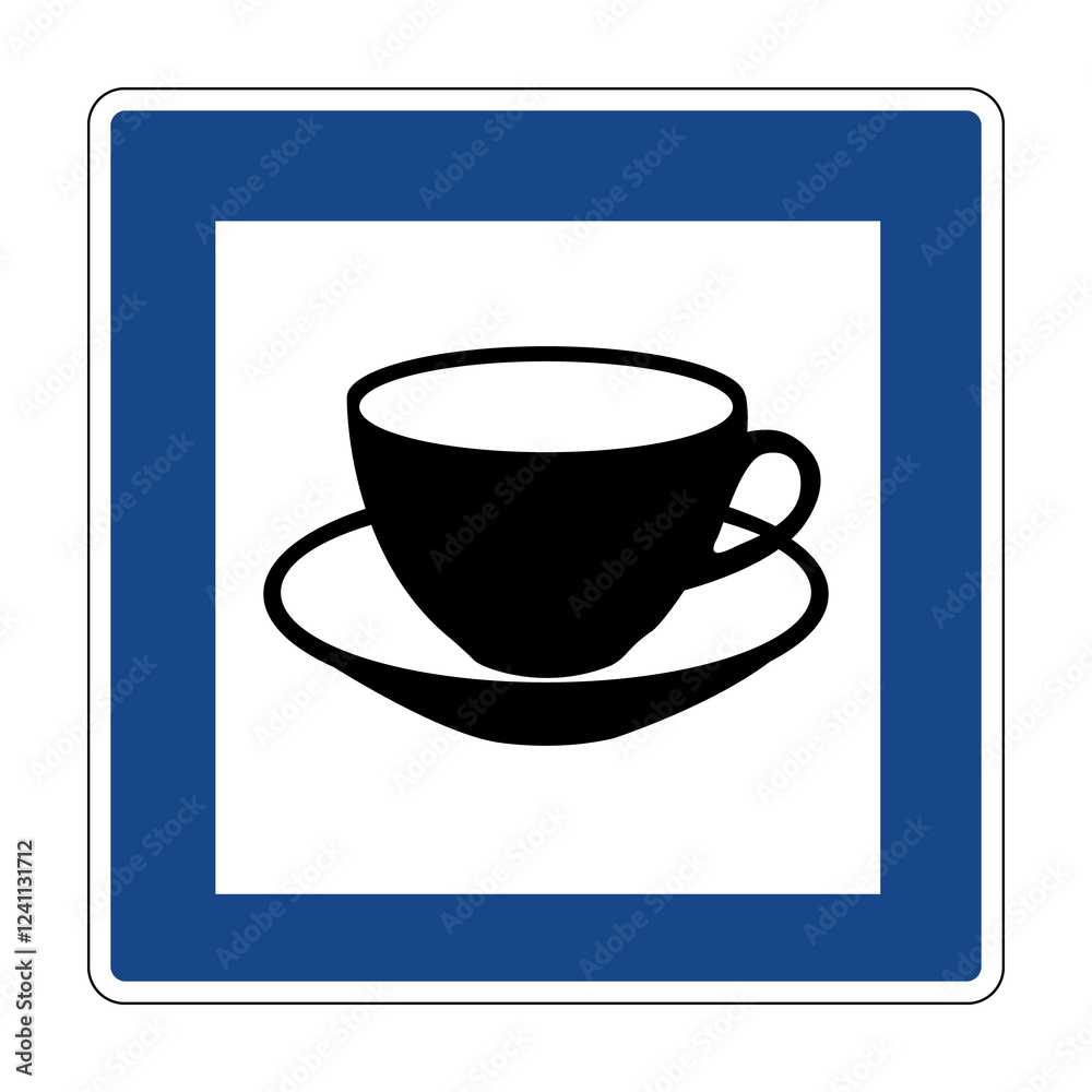 Cafe road information sign. Informs road users about the location a cafe nearby where they can stop for rest and food. Service sign. Sign coffee, tea. Cafe road information sign. Informs road users about the location a cafe nearby where they can stop for rest and food. Service sign. Sign coffee, tea.