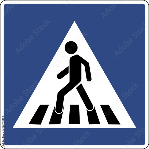 Road sign pedestrian crossing. Inform road users about the presence a crossing for pedestrians. Places where pedestrians have the right to cross the roadway.