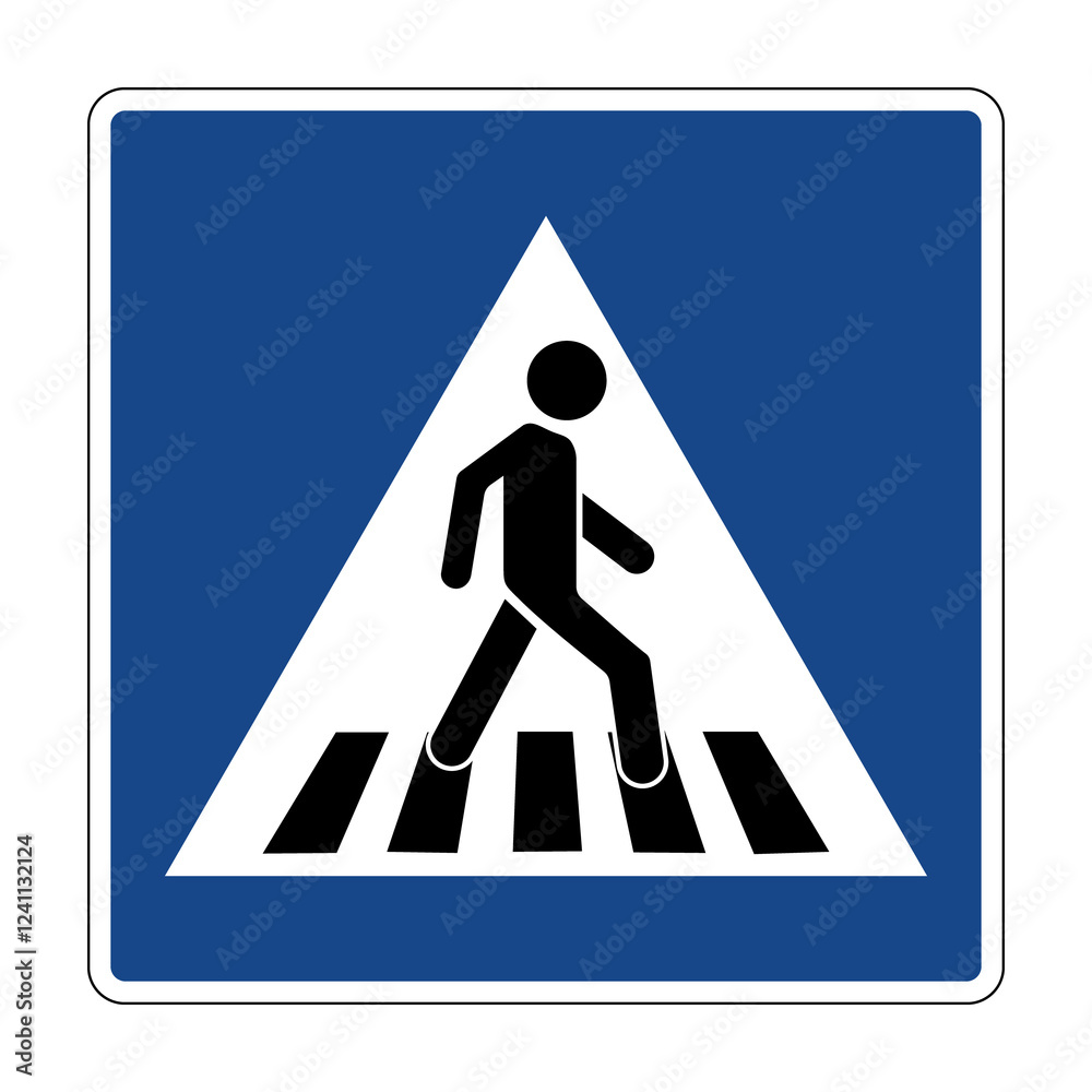 Road sign pedestrian crossing. Informs road users about the presence a crossing for pedestrians. Places where pedestrians have the right to cross the roadway. Drivers must give way to pedestrians. Road sign pedestrian crossing. Informs road users about the presence a crossing for pedestrians. Places where pedestrians have the right to cross the roadway. Drivers must give way to pedestrians.