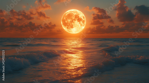 Beautiful sunset reflecting on ocean waves with a large moon illuminating the sky