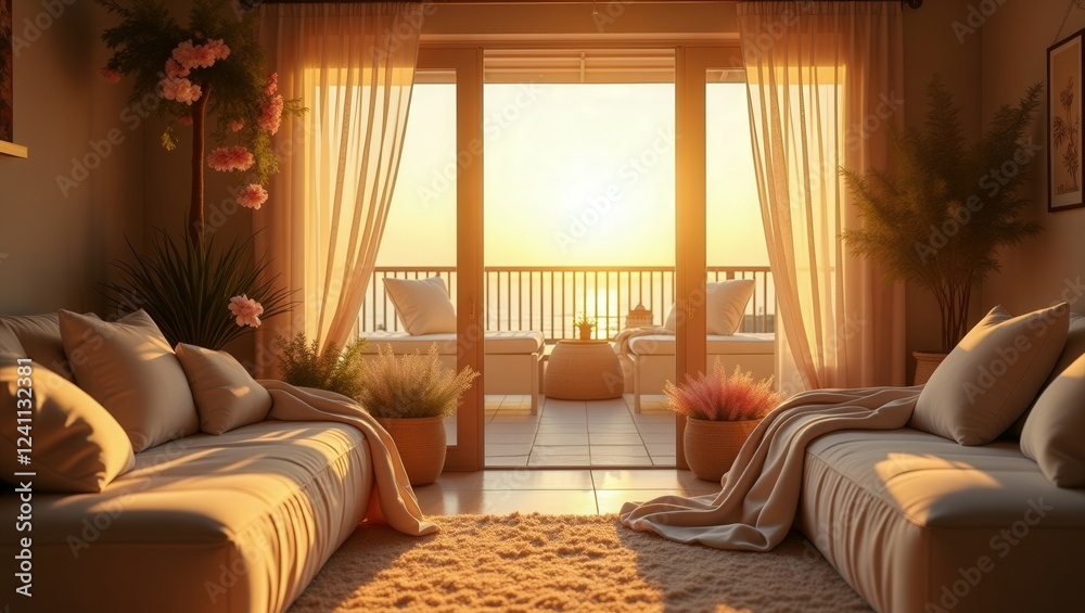 Fototapeta premium Cottagecore design of modern Balcony at Golden Hour, cinematic photography