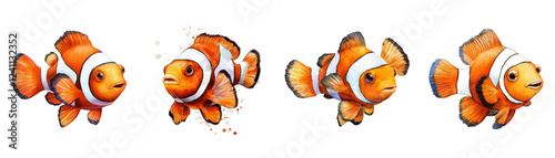 A set of clown fish png. Realistic sea clown fish on an isolated background. Watercolor sea fish. Vector illustration.