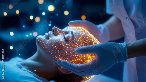 A physiotherapist in a modern clinic using gentle cranial sacral therapy techniques on a patient, glowing holographic anatomy overlay, futuristic healthcare, soft warm lighting, hyper-realistic