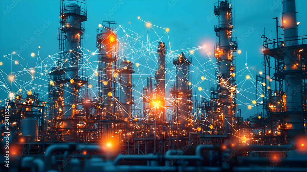 Obraz premium Industrial landscape with illuminated refineries and digital connections at dusk