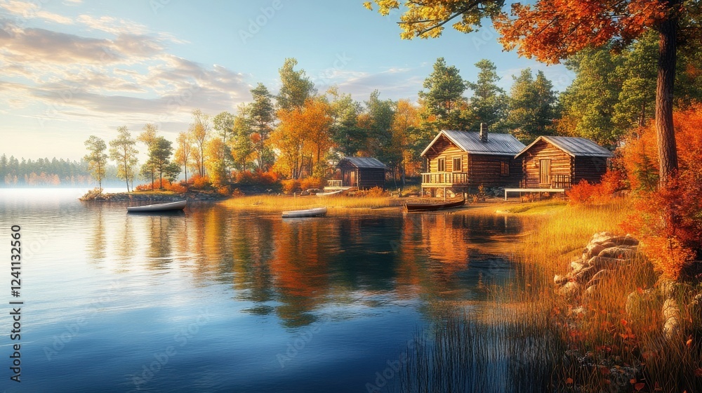 Obraz premium Serene Lakeside Cabins Surrounded by Autumn Foliage at Sunrise