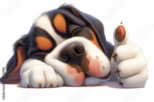 Funny sleeping dog with thumb up on white background