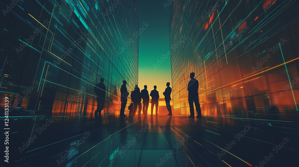 Obraz premium Group of business people silhouettes in modern office building and business network concept. Human resources with pastel innovation charts and graphs with statistics to analyze business