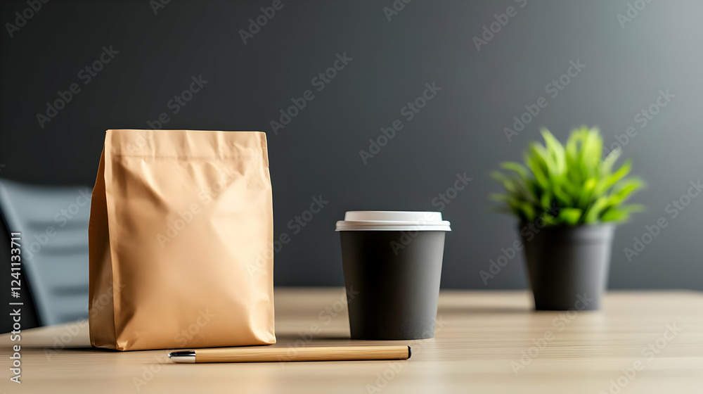 A stylish workspace featuring a coffee cup, a paper bag, and a small plant, perfect for modern work environments. A stylish workspace featuring a coffee cup, a paper bag, and a small plant, perfect for modern work environments.