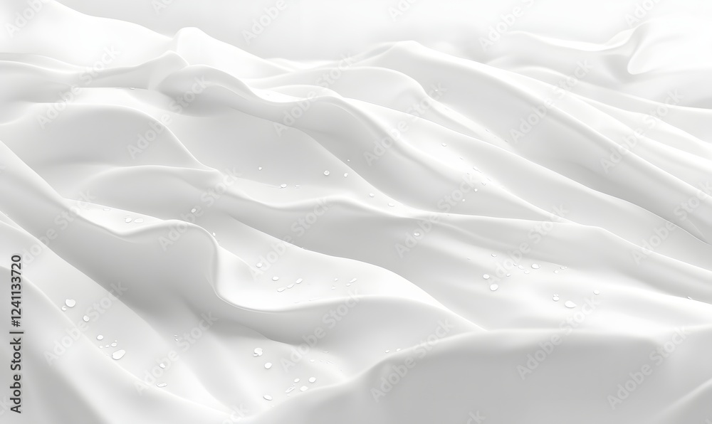 Fototapeta premium White fabric drapes, water droplets, soft light, clean background, textile texture