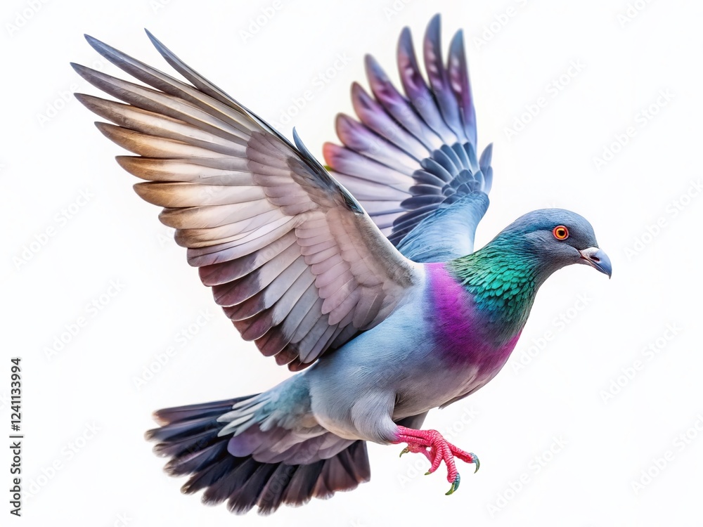 Obraz premium Majestic Flying Pigeon Profile, Wings Up, Isolated on White Background