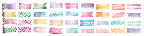 A set of watercolor decorative ribbons, stickers. Set of colorful watercolor patterned strips of adhesive paper tapes. Vector illustration.