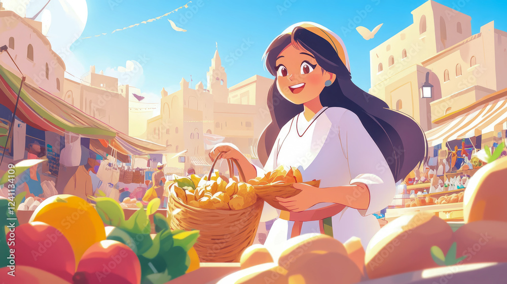 Naklejka premium Sunlit Market Day: Girls Joyful Harvest