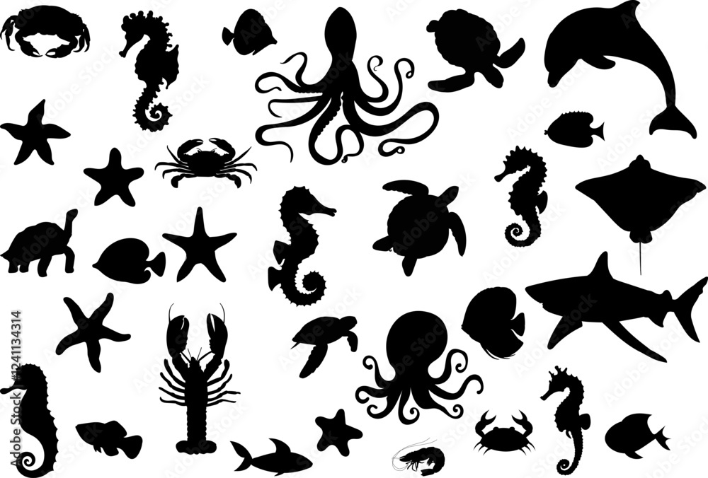 Obraz premium sea ​​animals, inhabitants, fish, turtles, crabs collection silhouette on white background vector