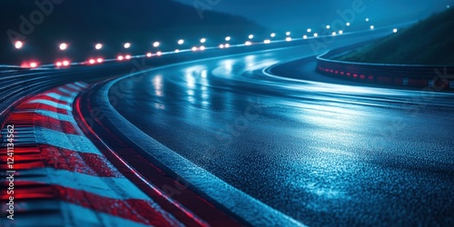 Futuristic Formula 1 racetrack at night, illuminated by bright floodlights casting cool blue glow. Track winds through sharp curves and elevation changes photo