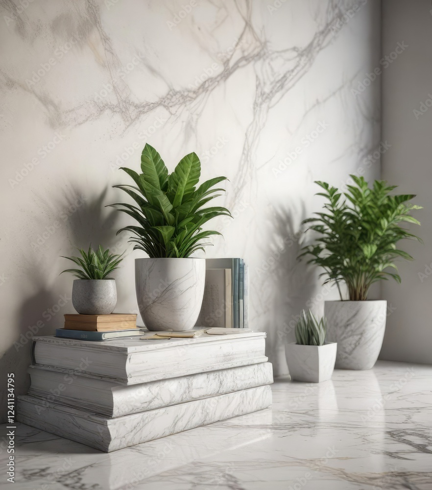 Fototapeta premium Modern interior elements - potted plants and books on marble, leisure time, decorative greens, cultured setup, literary works