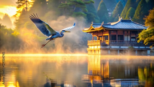 Majestic Heron in Flight over Yamadaike Lake's Tranquil Waters - Architectural Photography photo