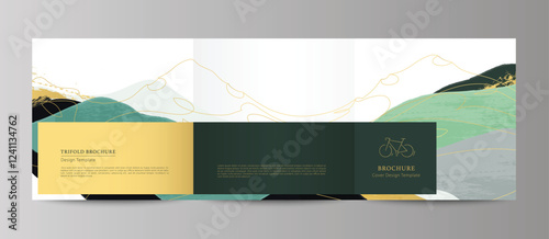 Tri-fold brochure, flyer, booklet with abstract mountains. Textured hand drawn details and golden lines. Stylish bicycle icon. Designated photo placeholders. 
