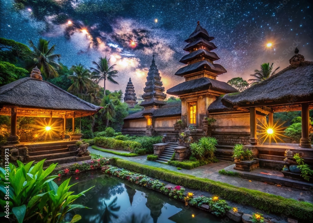 Fototapeta premium Majestic Balinese Temple at Night: Starry Sky, Ancient Architecture