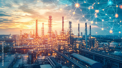 Wallpaper Mural Industrial skyline at sunset with glowing lights and digital connections Torontodigital.ca