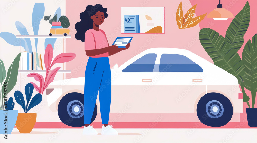 Naklejka premium Woman Reviewing Auto Insurance Document