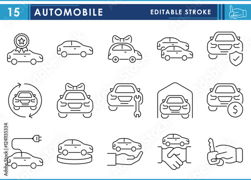 A set of line icons related to Automobile. Cars, dealer, repair, car, charge, gift, keys, and so on. Vector editable stroke.