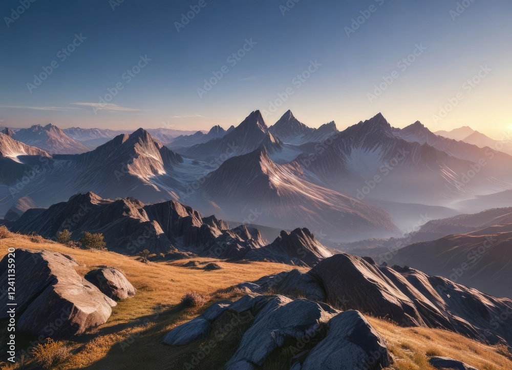 Naklejka premium Mountain range at sunrise with a clear blue sky, natural beauty, golden hour, clouds
