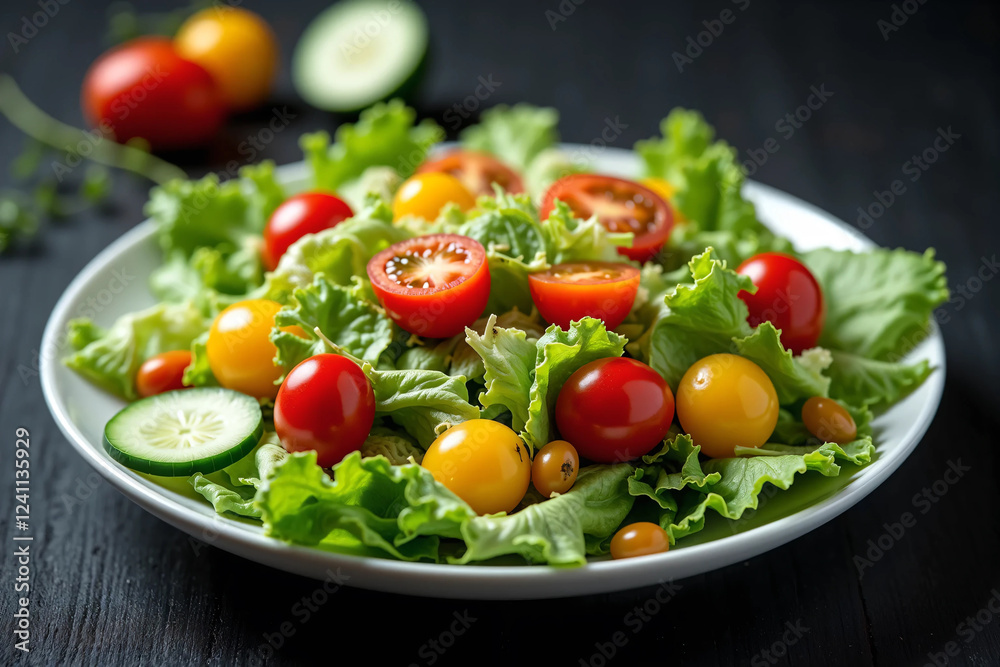 Fresh and Colorful Salad with Crisp Lettuce, Cherry Tomatoes, and Cucumber Slices on a Ceramic Plate Healthy Vegan Meal with Natural Lighting, Perfect for a Nutritious Diet and Food Photography Inspir Fresh and Colorful Salad with Crisp Lettuce, Cherry Tomatoes, and Cucumber Slices on a Ceramic Plate Healthy Vegan Meal with Natural Lighting, Perfect for a Nutritious Diet and Food Photography Inspir