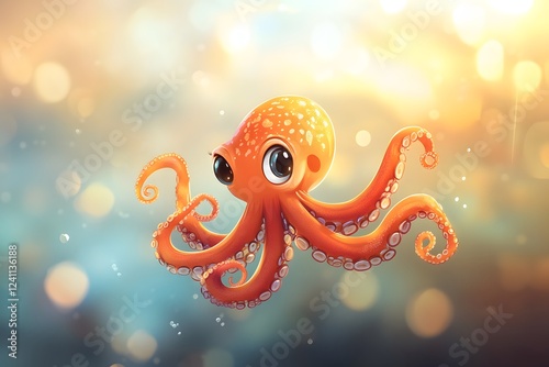 A cute cartoon orange octopus swimming in the ocean, a simple flat illustration style with a blur background photo